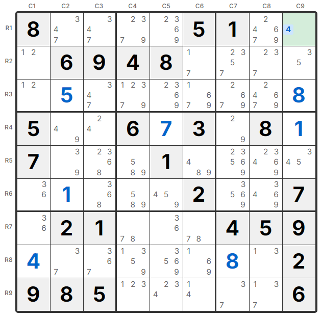 नेकेड सिंगल उदाहरण - R1C9 में केवल उम्मीदवार 4